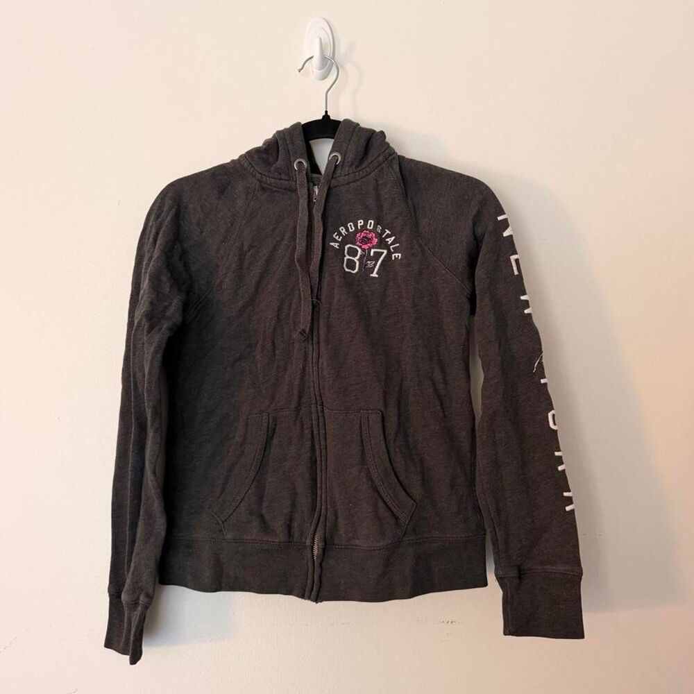 Y2K Aeropostale charcoal grey "New York 87" embroidered zip-up hoodie, S